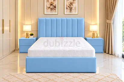 New Light Blue Upholstered Double Bed with Headboard and Base twin bed