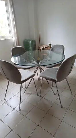 Glass Top Dining Table with 4 Grey Velvet Chairs - Good Condition