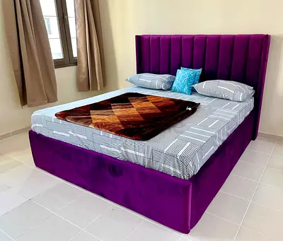Purple velvet double bed frame with upholstered headboard - good condition