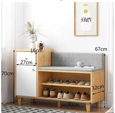 Wooden Shoe Storage Bench with Cushion and Side Cabinet - 90cm