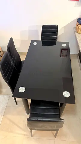 Black Glass Dining Table with 4 Leather Chairs - Good Condition