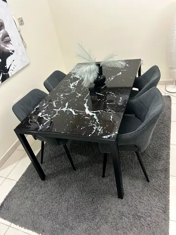 Black Marble Effect Dining Table with 4 Grey Chairs - Good Condition