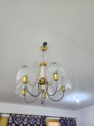 5-arm Gold and White Glass Ceiling Chandelier - Good Condition