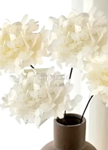 Set of 3 White Artificial Hydrangea Stems in Ceramic Vase