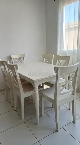White Wooden Dining Table with 6 Chairs - Solid Simple Design