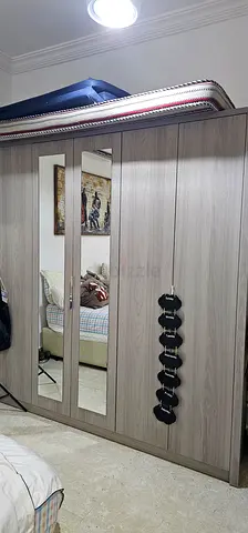 3-Door Wardrobe with Mirror - Light Wood Finish, Good Condition