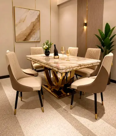Premium Quality Top Mroble Diding table with 6 chair Available
