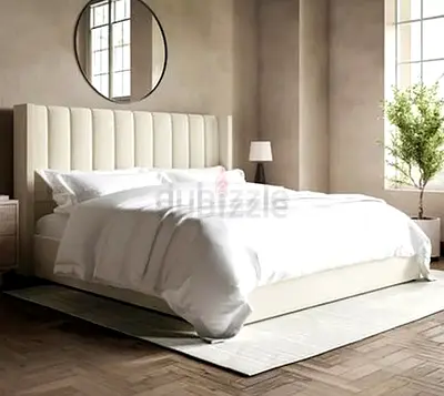 Modern Upholstered King Bed with Padded Headboard - Cream Mattress also