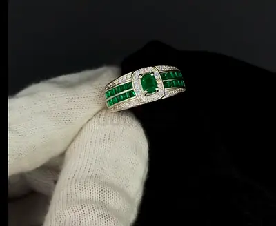 Emerald and Diamond Accent Silver Band Ring - Size Noted
