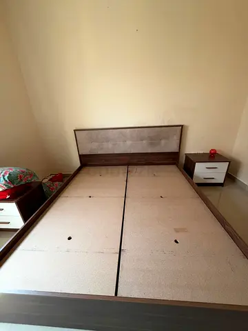 Double Bed Frame with Headboard and Matching Nightstands + dresser- Good Condition