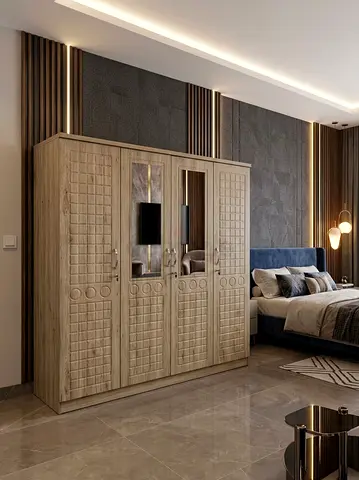 Large 4-Door Wooden Wardrobe with Mirror - Light Oak Finish