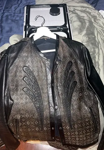 Roberto Cavalli Brown Ornate Embrossed Leather Jacket