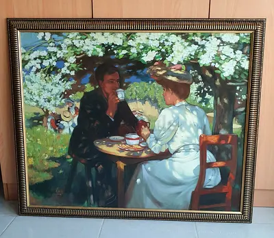 Framed Impressionist-Style Painting of a Couple Having Tea Under Blossoming Trees