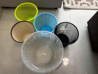 Set of 5 assorted waste bins / trash baskets - used, good condition