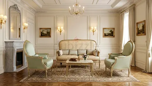 Antique-Style Sofa Set 3+1+1
Beautiful antique-style sofa set with ornate gold-tone detailing, a cr