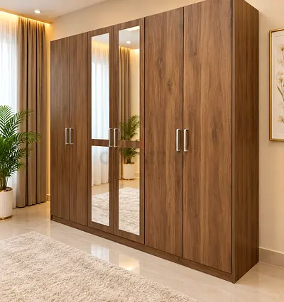 6-Door Walnut Wardrobe with Central Mirrors — Good Condition