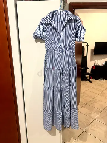 Blue and white striped long shirt dress, size medium