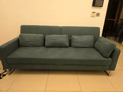 3-seater teal fabric sofa with metal legs - good condition