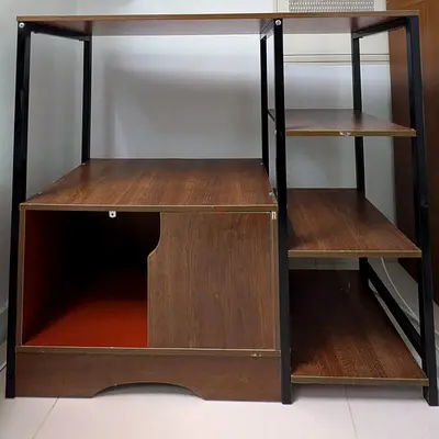 Wooden cupboard with open shelves and storage cabinet