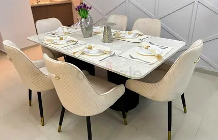 Modern Marble-Top Dining Table with 6 Cream Upholstered Chairs