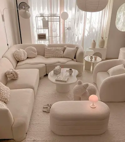 Ivory cloud boucle covered L shape sofa set