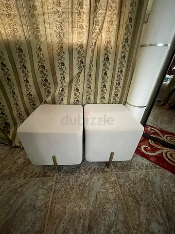 Set of 2 White Upholstered Square Stools/Ottomans - Good Condition