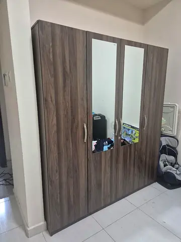 4-Door Mirrored Wardrobe - Dark Wood Finish