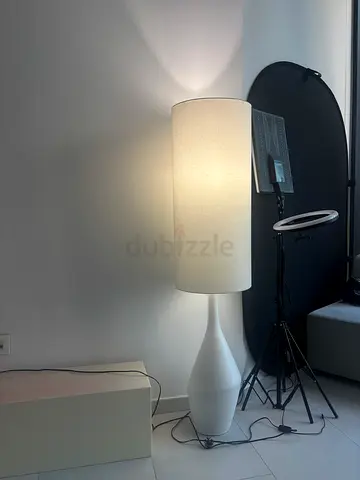West Elm white floor lamp with fabric shade and porcelain base