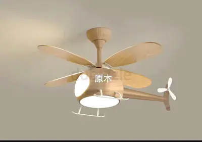 Wood Finish Kids Helicopter Ceiling Fan with Light wood and almoniyam