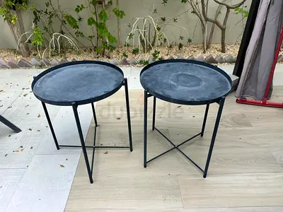 Pair of black metal round side tables - indoor/outdoor
