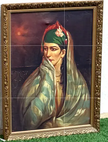 Vintage framed portrait painting of a veiled woman