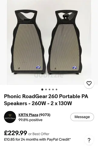 Pair of Phonic RoadGear 260 Portable PA Speakers (2 x 130W) - Good Condition