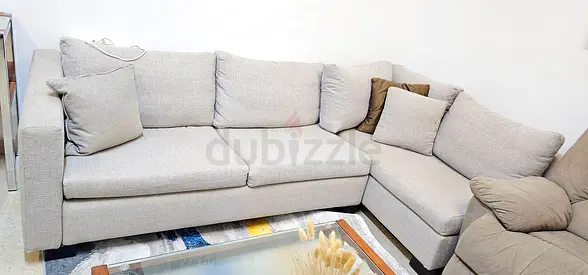 Light grey L-shaped fabric corner sofa - 3-seater with chaise