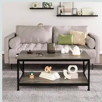 Industrial Wood & Metal Coffee Table with Lower Shelf - Dark Grey