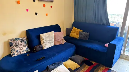 Blue L-shaped Velvet Sofa Set and 2 single seater sofa — Excellent Condition