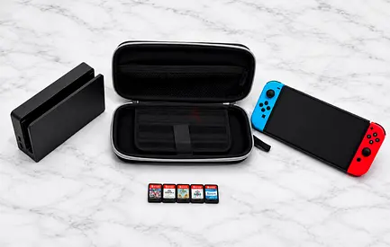 Nintendo Switch console with dock, case and 5game cartridges