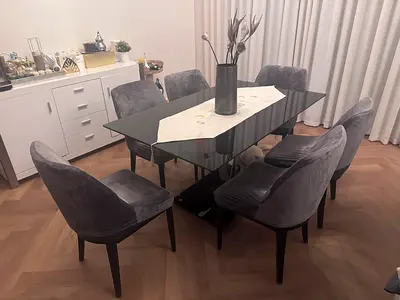Modern Black Glass Dining Table with 6 Velvet Grey Chairs