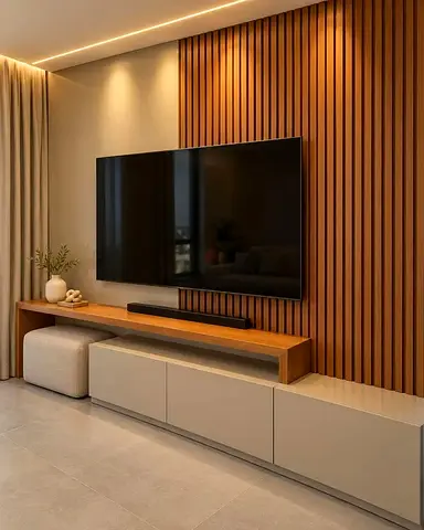 Minimalist TV Entertainment Unit with Slatted Wood Feature