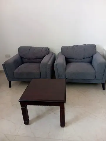 Pair of Gray Fabric Armchairs with Wooden Side Table - Good Condition