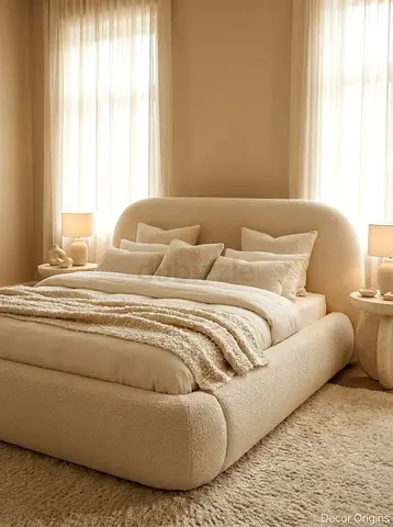 Plush Bouclé Upholstered King Bed with Rounded Headboard - Beige