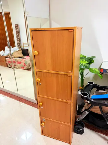 Tall Narrow Wooden Storage Cabinet with 4 Lockable Compartments