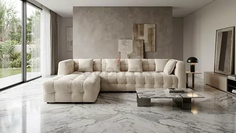 Beige L-shaped Tufted Fabric Sofa with Chaise - Good Condition