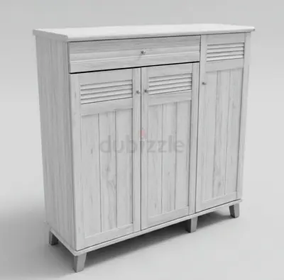 Off white/light grey colour, 3-door storage/shoe cabinet with drawer — in excellent condition