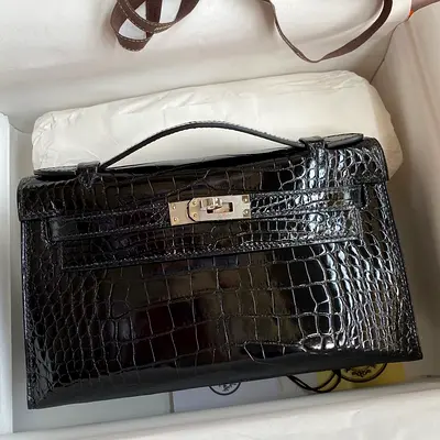 Hermes Kelly Pochette Bag In Black Shiny Alligator Leather