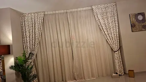 Beige patterned blackout curtains with sheer inner panels – set of 2 panels