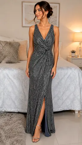 Sparkly Charcoal Grey Sequin Evening Gown — Size large