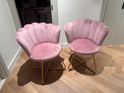 Pair of Pink Velvet Shell Back Chairs with Gold Legs and middle table