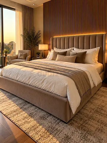 Comfortable Upholstered Bed – Thick Cushioned Headboard – Soft Beige Fabric
