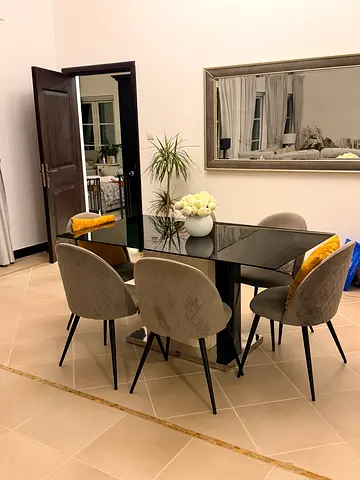 Glass Top Dining Table with 6 Velvet Chairs - Good Condition