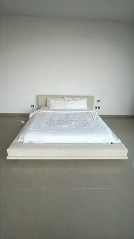 Modern Floating Platform Bed in Ivory Bouclé, Like New!